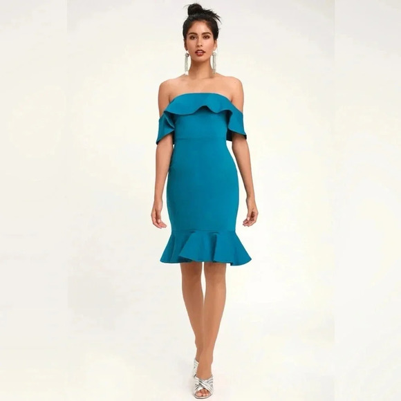 Lulus Confidence Boost Teal Blue Off-the-Shoulder Bodycon Midi Dress Size Small - Picture 8 of 8